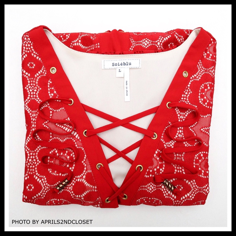 RED LACE UP V-NECK 3/4 SLEEVES MINI DRESS A2C - Picture 6 of 8